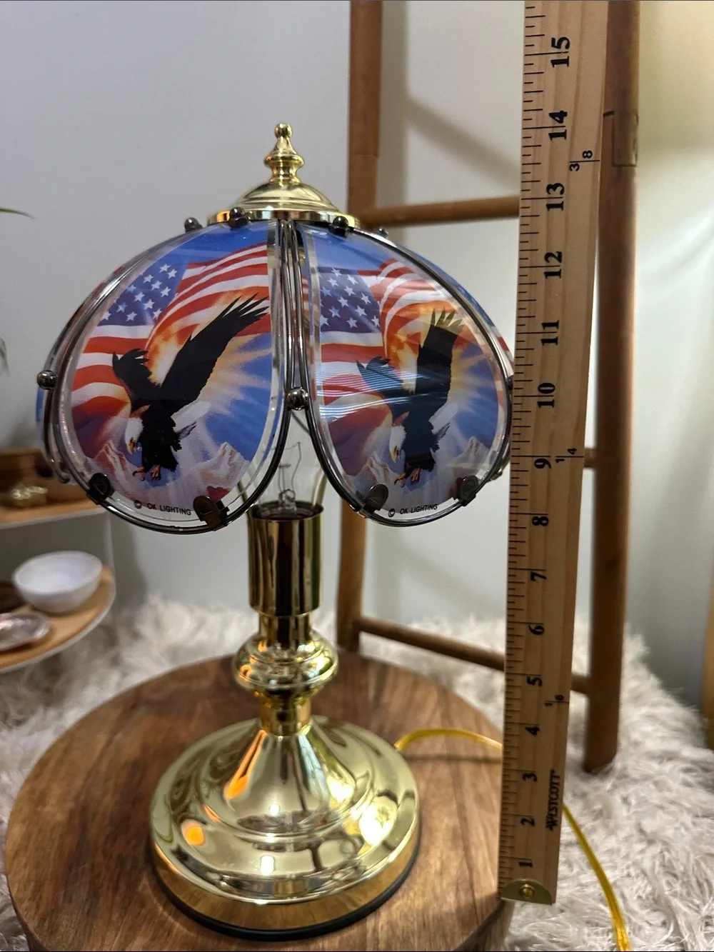 Vtg Patriotic Small Touch Lamp OK LIGHTING Bald Eagle Mountains American Flag